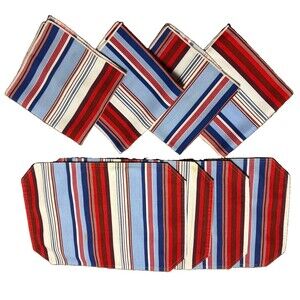 Vintage Patriotic Red White Blue Stripe Placemats Napkins Set 4 Table Linens